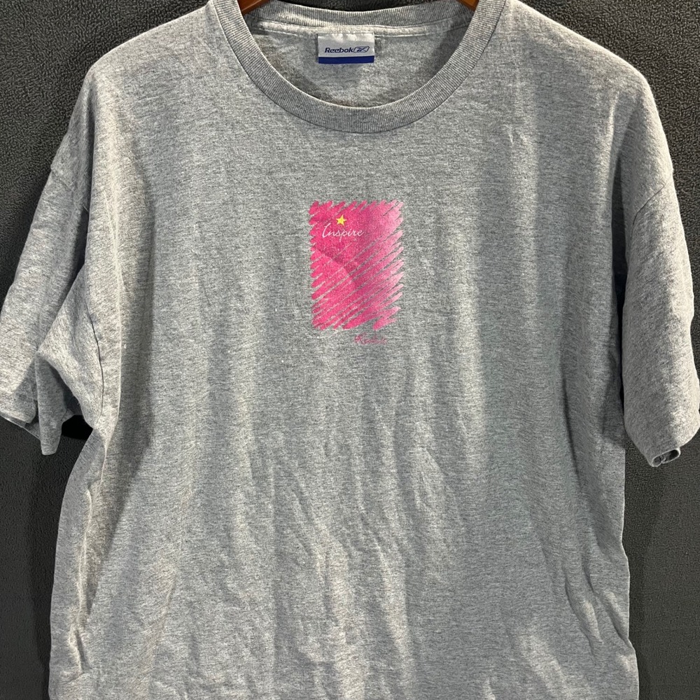 Vintage Reebok Inspire Graphic T-Shirt Mens Gray Pink Short Sleeve Crewneck